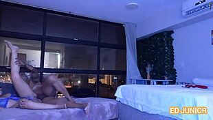 Well-endowed guy pounding a girl he met at carnival, riding in red and sheer outfits with anal creampie.