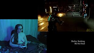 Naked brunette bbw with big natural tits plays Deadspace! What a game!