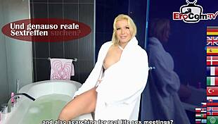 Blonde german milf's big tits bounce in kitchen fuck.