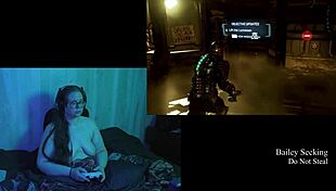 Naked brunette bbw with big natural tits plays Deadspace! What a game!