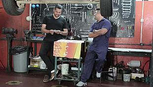 Mechanic fucks big tits woman's pussy and ass with muscular body.