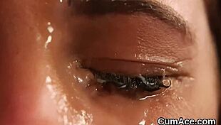 Feisty hottie gets cum load on her face gulping all the jizm