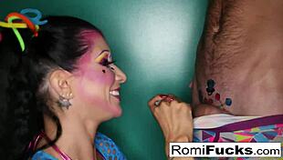 Romi rain fiercely sucks that big fat cock to explosion.