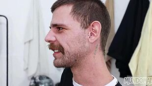 gay guy sucking big hairy cock in locker room blowjob.