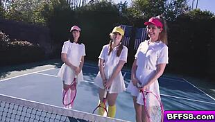 Besties get tennis lesson from stud they want to fuck, claws out right away.