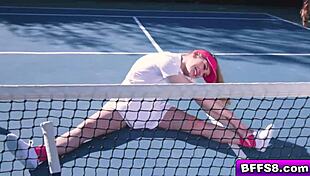 Besties get tennis lesson from stud they want to fuck, claws out right away.