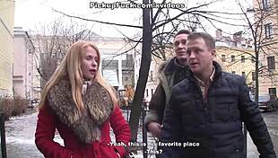 sexy blonde teacher strips naked for cash, blowjob in group pickup