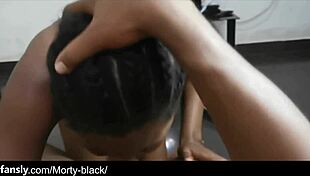 Ebony girl gives blowjob then takes cum on ass