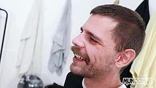 gay guy sucking big hairy cock in locker room blowjob.