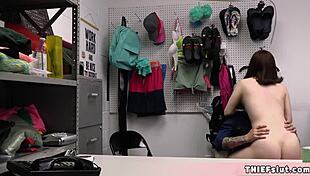 Sulky teen thief caught in shop. Tiny pussy gets roughly destroyed in doggystyle.
