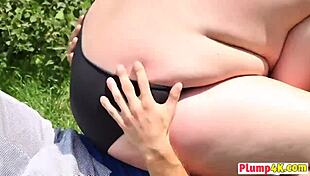 Plump blonde with big tits gets oral licking shaved