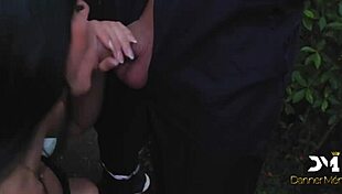 Nymphomaniac fucks lover and mechanic in public outdoor spot.