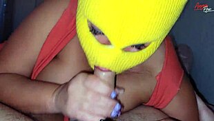 Milf gives blowjob in mask, leading to oral creampie.
