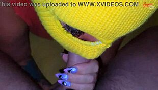 Milf gives blowjob in mask, leading to oral creampie.