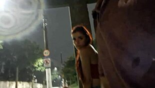 Risky public masturbation on the street for hot redhead at the bus stop in gay hardcore scene
