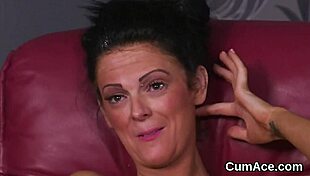 this wacky stunner is in a blowbang, getting blowjobs and cumshots all over her face, gulping down the spunk in pov style.
