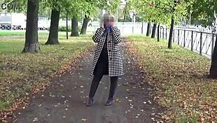 Unbelievable! Sexy Milf in Transparent Nylon Shows Big Boobs on Outdoor Walk, Total Eye-Candy!