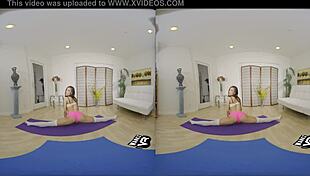 Tiny Asian woman does yoga while giving a blowjob in virtual reality
