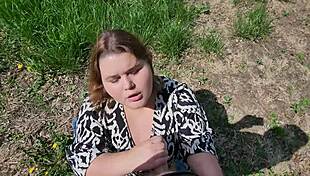Cum on tanned hitchhiker's big tits after anal worship