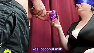 a wife gets tricked into drinking a glass of cum in a taste game.