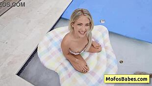 Petite blondie fucked hard by the pool, enjoying big cum loads in her mouth!