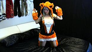 Fox Lady Strips in Beige Pantyhose Costume Using Dildo and Toys for Solo Cum Play