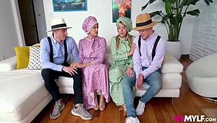 Amish stepmoms Penny Barber and Pristine Edge swap partners. Watch them ride and dive deep!