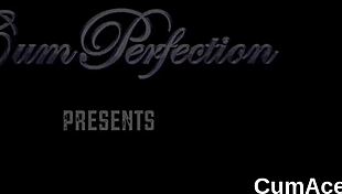 Bombshell centerfold takes blowbang cum load on face, gulping jizz in pov cum swapping oral