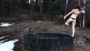 Rough outdoor fuck leaves her bent over with a messy facial finish