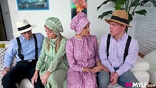 Amish stepmoms Penny Barber and Pristine Edge swap partners. Watch them ride and dive deep!