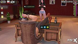 Girl reveals breasts in red suit during fashion business game