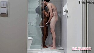 Ebony escort attends client in motel bathroom!