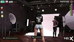 Girl reveals breasts in red suit during fashion business game