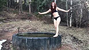 Rough outdoor fuck leaves her bent over with a messy facial finish