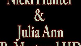 Julia Ann and Nicki Hunter engage in a playful lesbian scene with kissing and touching