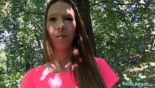 Public Agent Long Haired Babe Outdoors.