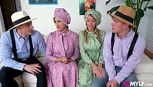 Amish stepmoms Penny Barber and Pristine Edge swap partners. Watch them ride and dive deep!