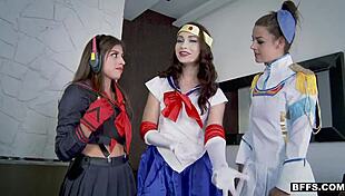 Hot teen cosplay queens share big cock.
