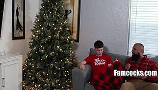 Holiday blues vanish as father-in-law fucks stepson with blowjob and uncle's daddy role