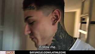 Latino hunk with tattoos tops a big dick boy in group.