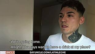 Latino hunk with tattoos tops a big dick boy in group.