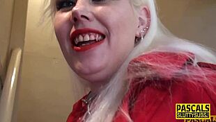 The chubby blonde submissive in stockings gets fingerfucked before riding her master in bdsm scene