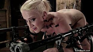 Blonde Slave Squirt on Bizarre Bondage Device During Rough Gagging Deepthroat!