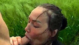 Deep Throating Pov Blowjob With Natural Tits In Outdoor Field
