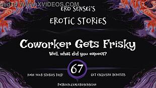 A coworker shares an erotic audio experience leading to intense orgasms.