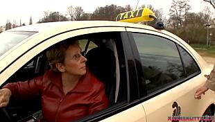 Horny milf fucks stranger in taxi, eating his cum