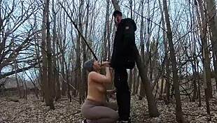 Topless curvy girl sucks cock in public park with blowjob