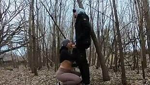 Topless curvy girl sucks cock in public park with blowjob