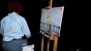 ryan keely cosplays as bob ross and gets horny during painting tutorial, flashing big tits