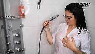 My lover joins me in the shower and we both pleasure ourselves